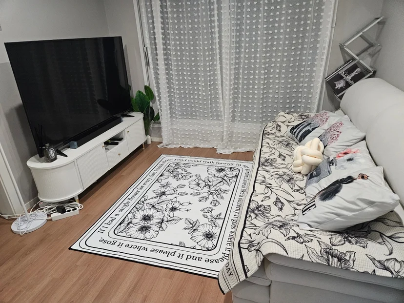Living room with a floral sofa and TV (Listing ID : 30308)