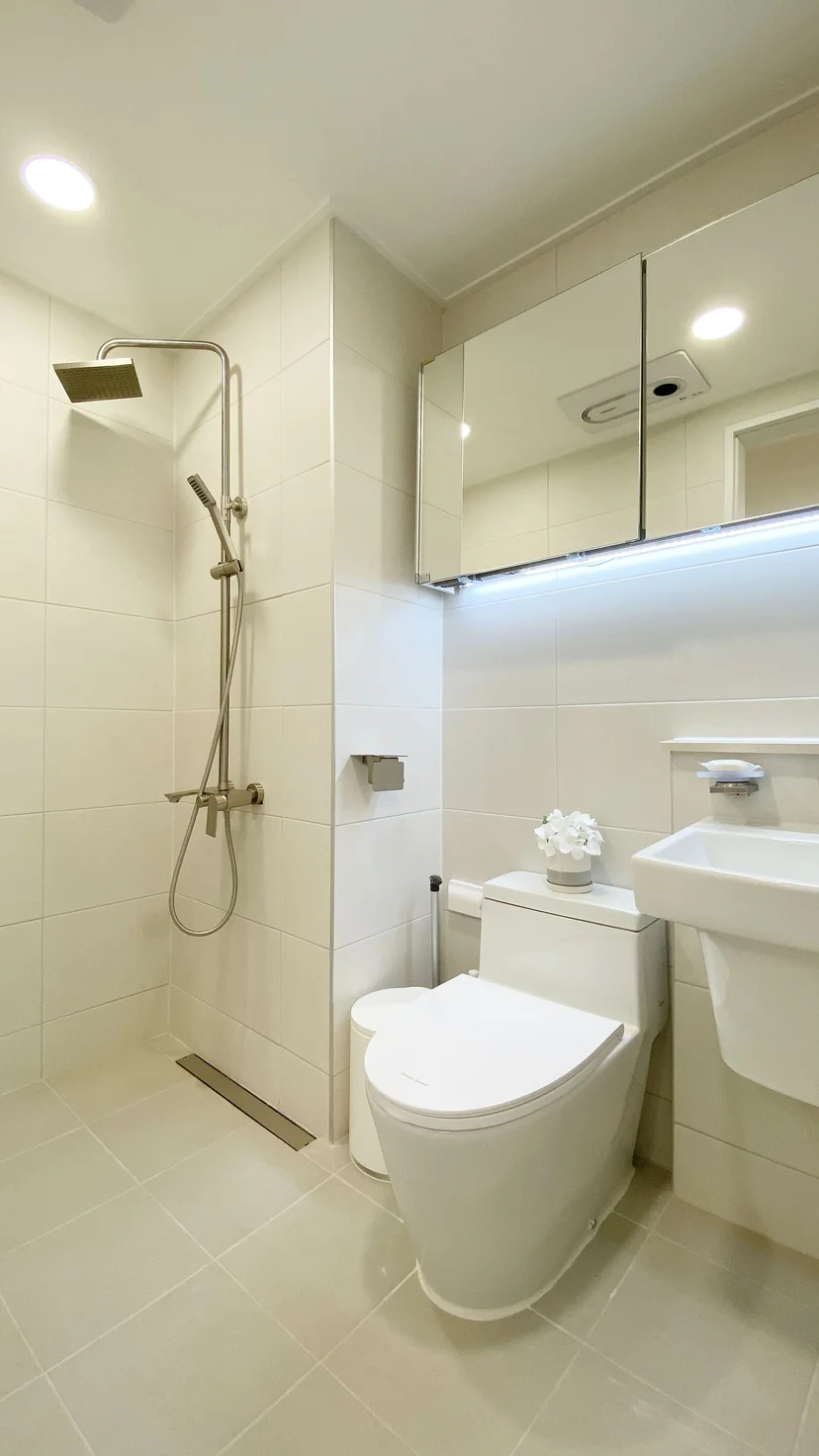 White-toned bathroom with a walk-in shower (Listing ID : 40239)