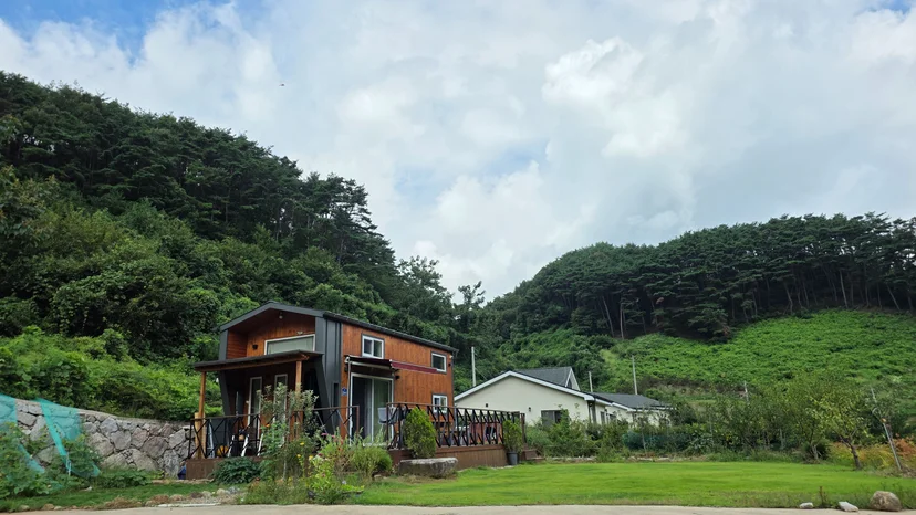 안개 낀 지리산 아래 잔디 마당 전경