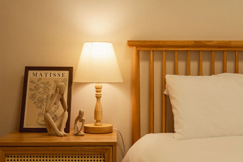 Bedside table with a lamp and a framed print (Listing ID : 32182)
