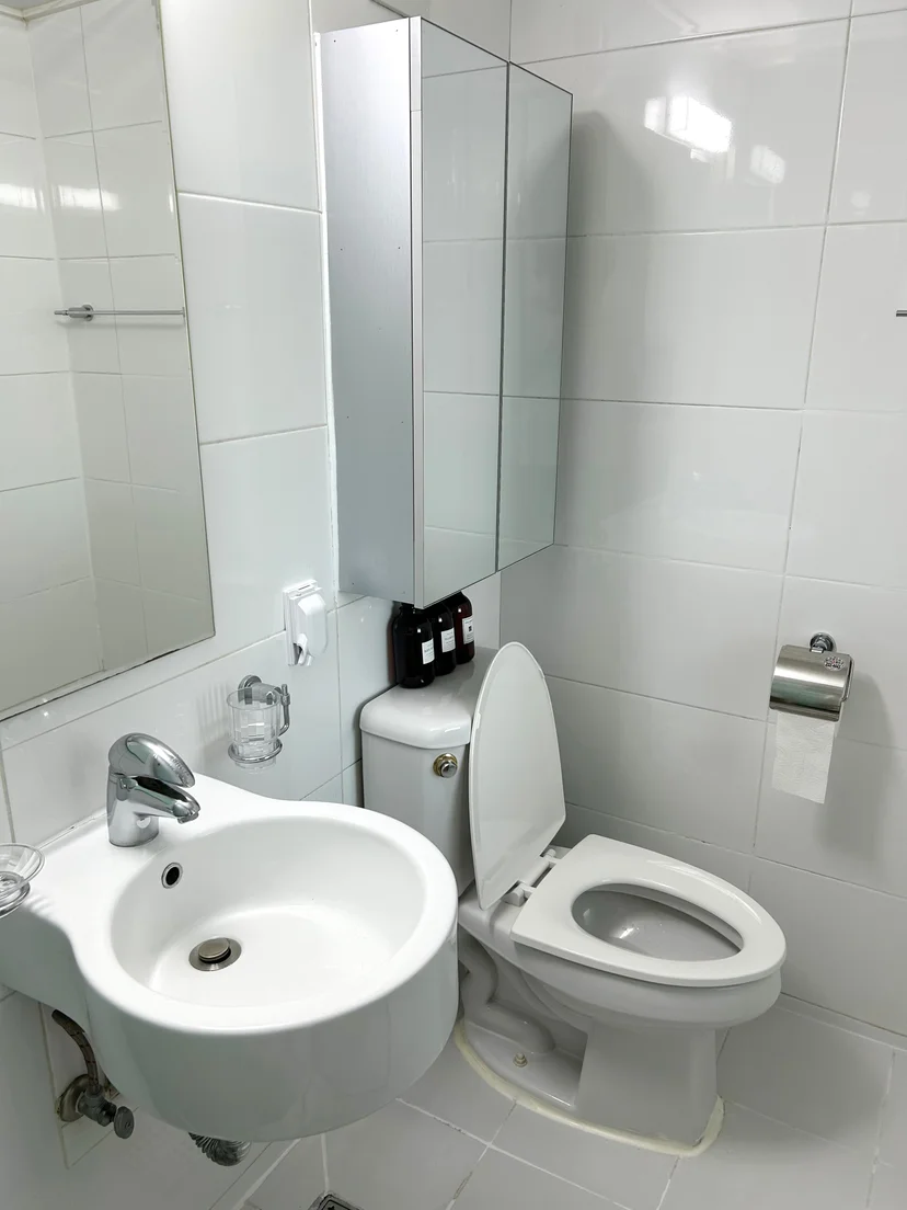White-tiled bathroom with a sink, toilet, and mirror cabinet (Listing ID : 30632)