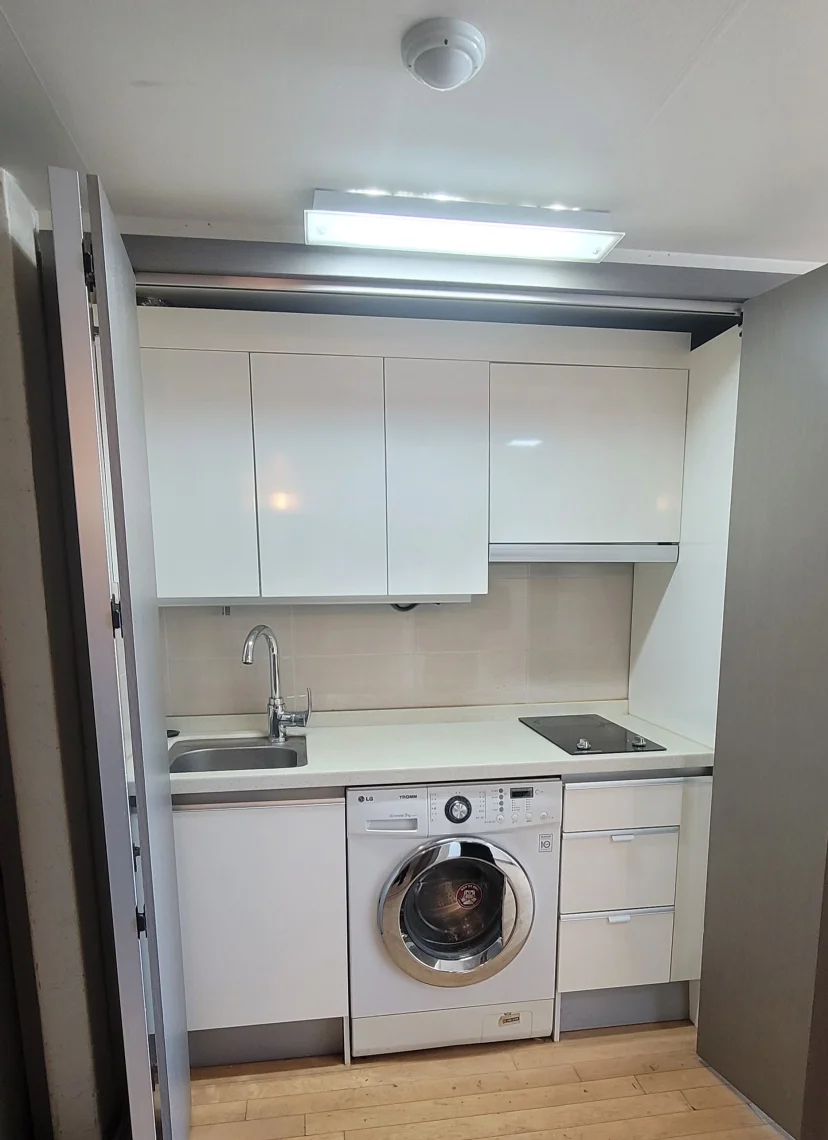 Compact kitchenette with sink, induction cooktop, and washing machine (Listing ID : 47450)