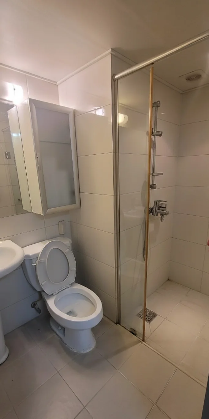 Bathroom with toilet, vanity, and glass-enclosed shower (Listing ID : 47450)