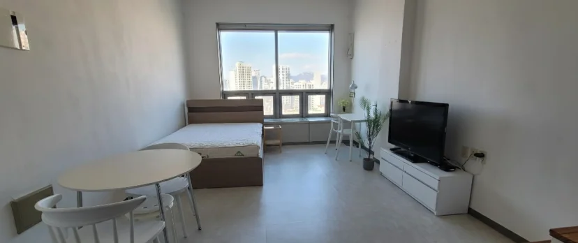 Studio interior with bed, dining table, and TV facing city-view window (Listing ID : 47450)