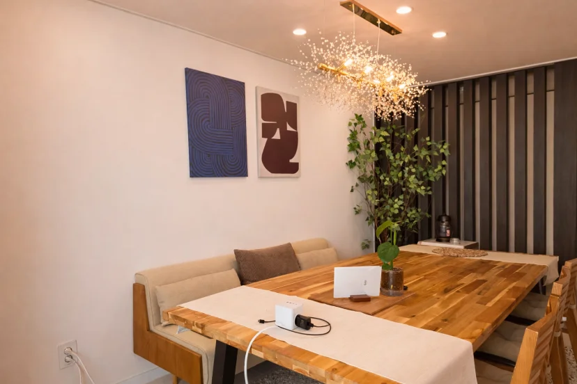 Dining table with bench seating under a pendant light (Listing ID : 47901)
