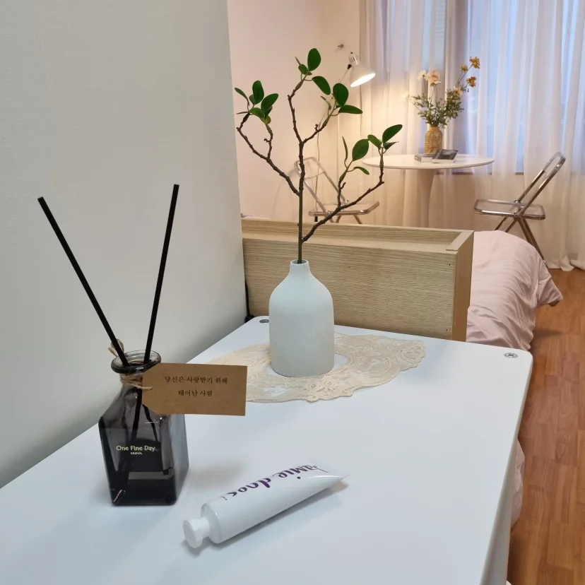 Desk styling with a vase, branch, and reed diffuser by the window (Listing ID : 15851)