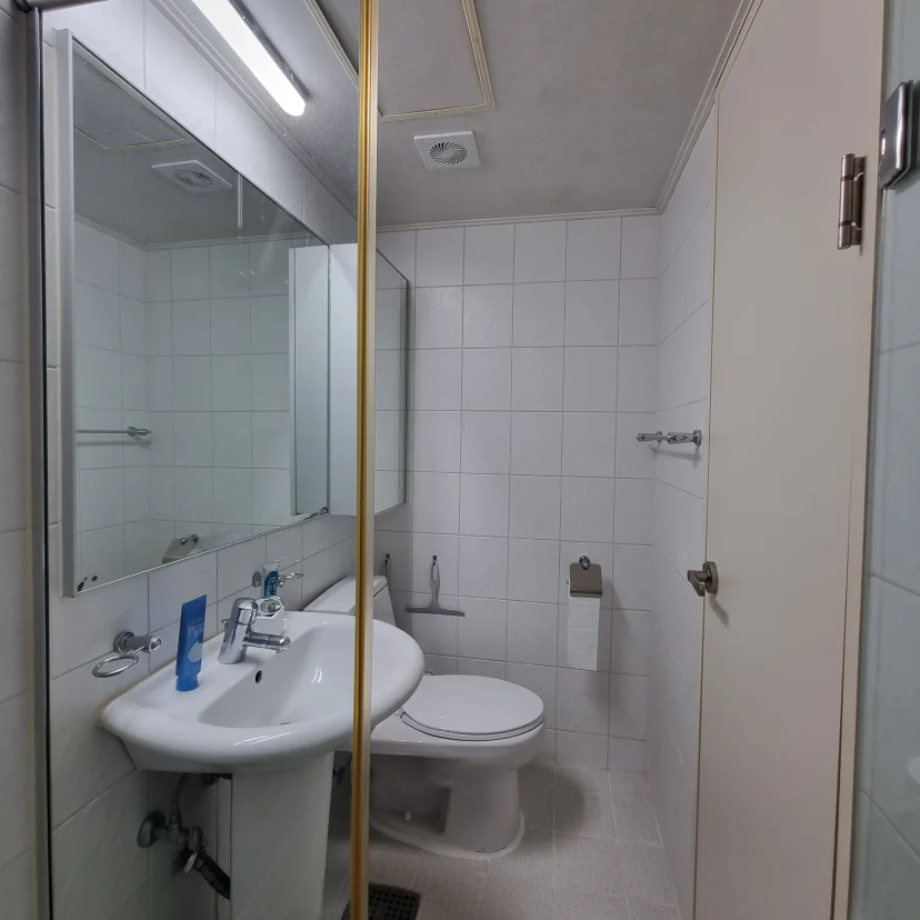 Compact bathroom with a pedestal sink and glass shower door (Listing ID : 15851)