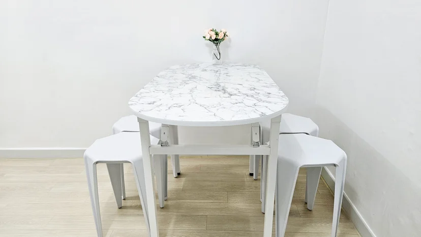 Marble-top dining table with four white stools (Listing ID : 46906)