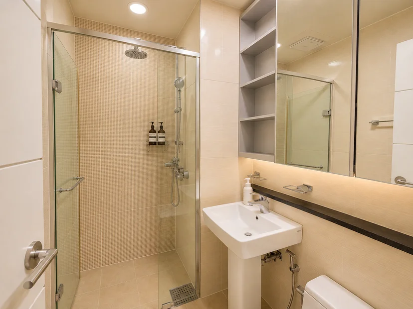 Walk-in shower with a pedestal sink and mirror cabinet (Listing ID : 47791)