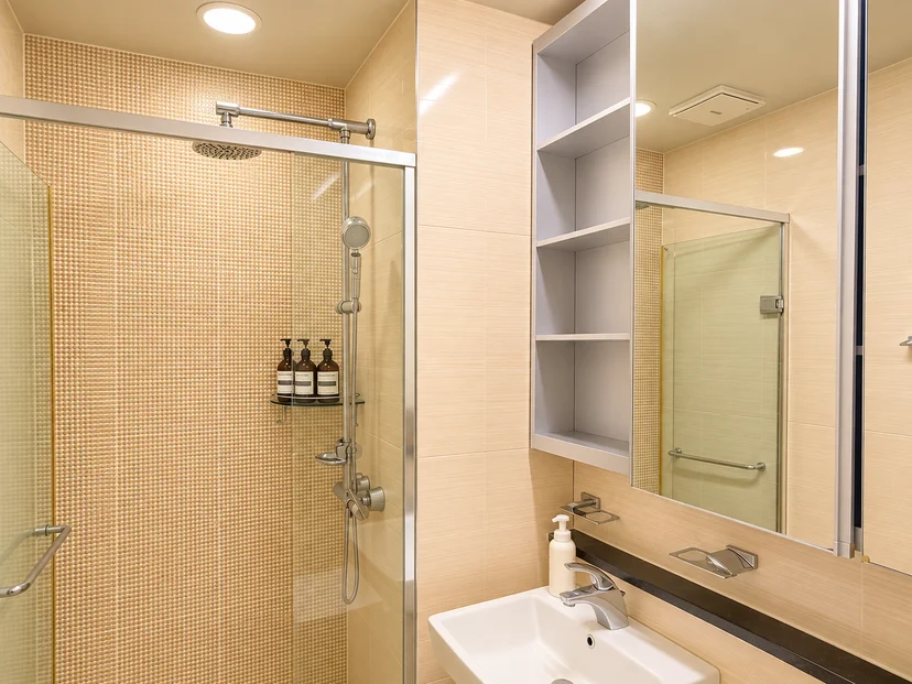 Glass shower stall with a sink and mirror cabinet (Listing ID : 47791)