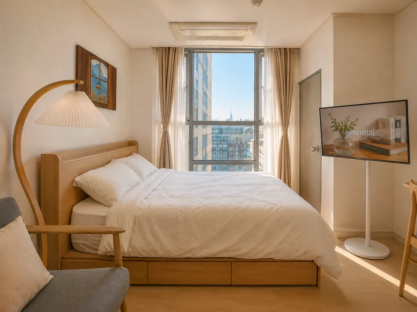 Studio seen from the entrance with a city-view window (Listing ID : 47791)