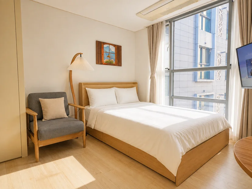 Bed by a large window with a city view and an armchair (Listing ID : 47791)