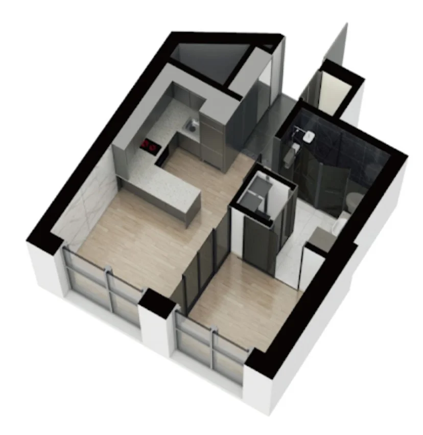 3D floor plan of the officetel studio showing the kitchen, closets and bathroom layout (Listing ID : 32655)