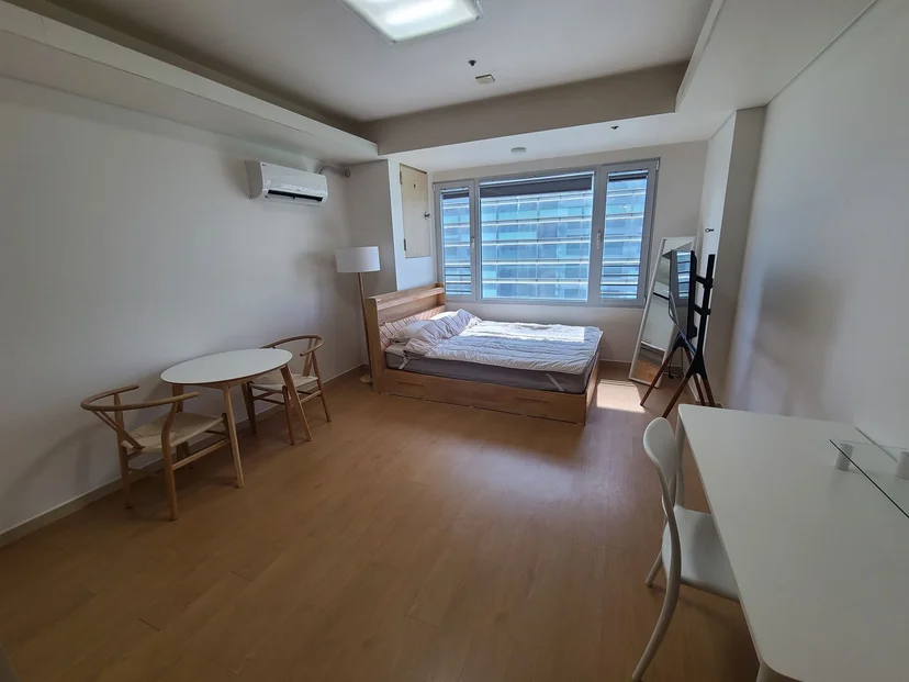 Wide view of the studio with bed, dining set and mirror (Listing ID : 26409)