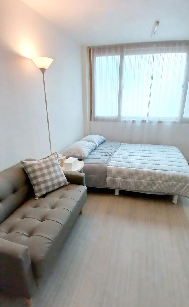 Studio sleeping area with a bed, sofa, and floor lamp by the window (Listing ID : 28802)