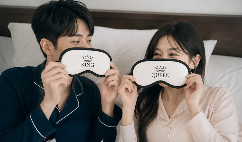 마플 커스텀 극세사 수면 안대 KING·QUEEN 문구를 풀 컬러 인쇄한 커플 수면 안대 2개를 나란히 들고 있는 이미지