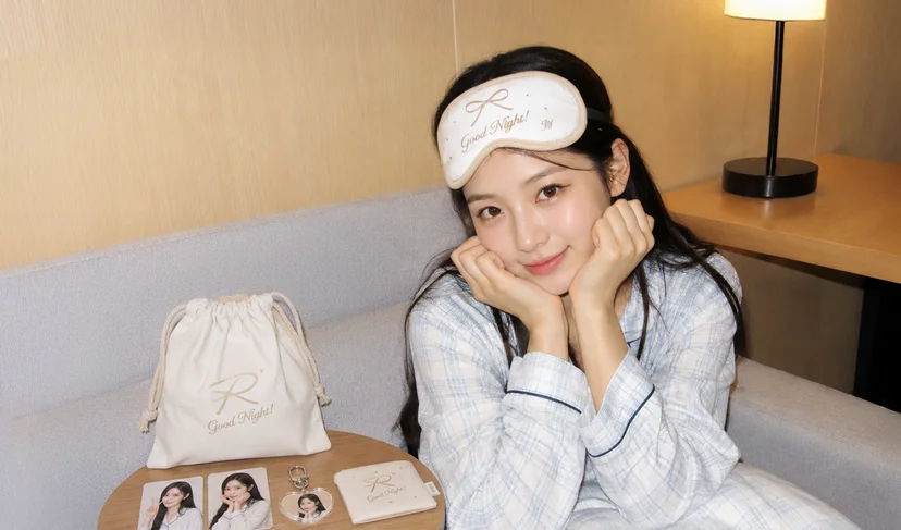 마플 커스텀 극세사 수면 안대 아이돌 브랜드 로고를 풀 컬러 인쇄한 수면 안대를 팬굿즈 세트와 함께 착용한 이미지
