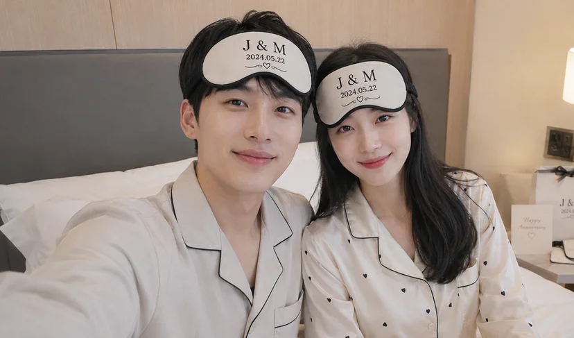마플 커스텀 극세사 수면 안대 커플 이니셜·날짜를 풀 컬러 인쇄한 수면 안대를 커플이 나란히 착용한 이미지