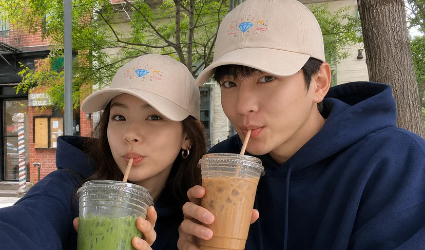 마플 베이직 볼캡 커플 일러스트 자수를 새긴 베이지 볼캡을 커플이 나란히 착용한 이미지