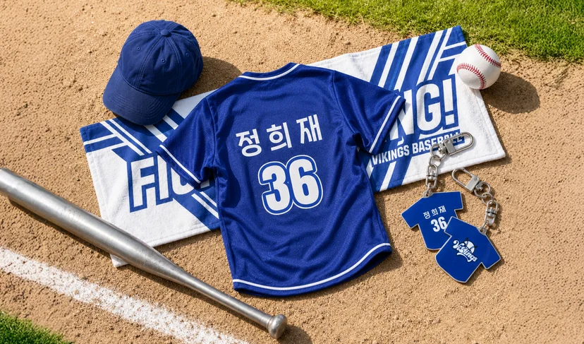 마플 유니폼 아크릴 키링 선수명·번호를 UV 인쇄한 야구 유니폼 형태 키링 2개를 야구 유니폼·타올과 함께 배치한 이미지