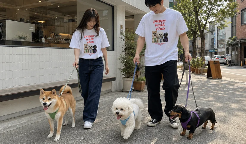 마플 반려동물 티셔츠 반려견 3마리 사진과 산책 모임 문구를 풀 컬러 인쇄한 화이트 티셔츠를 2인이 단체로 착용한 이미지
