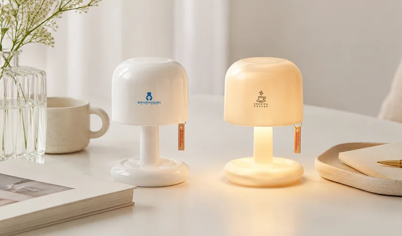 마플 무선 미니 터치 LED 무드등 – 기관 로고·카페 로고를 실크 인쇄해 제작한 화이트·아이보리 무드등 2종을 책상 위에 켜둔 이미지