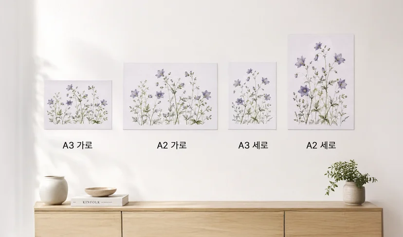 마플 리무버블 패브릭 포스터 – 꽃 일러스트를 풀컬러 인쇄해 제작한 A3 가로·A2 가로·A3 세로·A2 세로 4가지 사이즈를 벽에 걸어 비교한 이미지