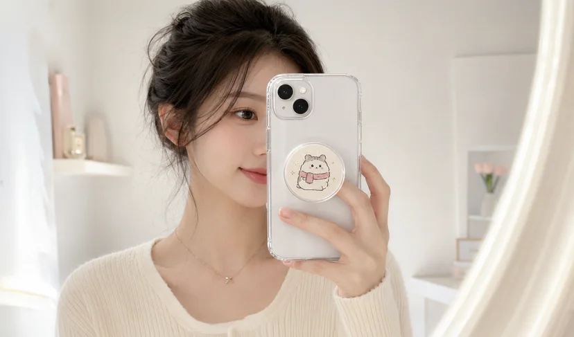 마플 투명 슬라이드 스마트톡 – 햄스터 캐릭터 일러스트를 풀컬러 인쇄해 제작한 스마트톡을 스마트폰에 부착해 들고 거울 셀카를 찍는 이미지