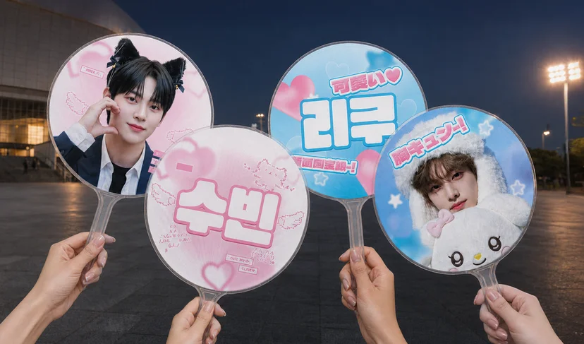 마플 최애 응원 우치와 – 아이돌 사진과 이름, 일본어 응원 문구를 분홍색·하늘색 디자인으로 인쇄한 원형 우치와 4개를 공연장 앞에서 손으로 든 이미지