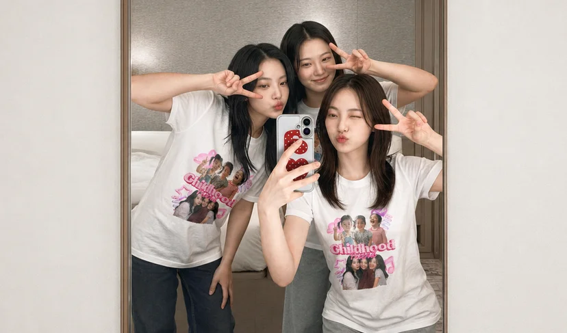 마플 우정티 템플릿 – 친구들과 함께 찍은 사진과 Childhood 문구를 인쇄한 흰색 반팔 티셔츠를 여성 3명이 맞춰 입고 거울 셀카를 촬영한 이미지