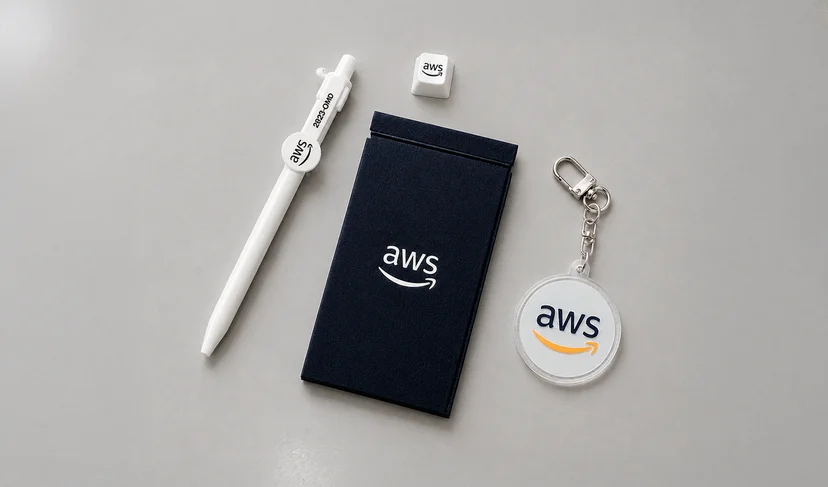 마플 AWS 기업 굿즈 – AWS 로고를 적용한 펜, 카드지갑, 투명 아크릴 키링과 키캡으로 구성한 웰컴키트 이미지