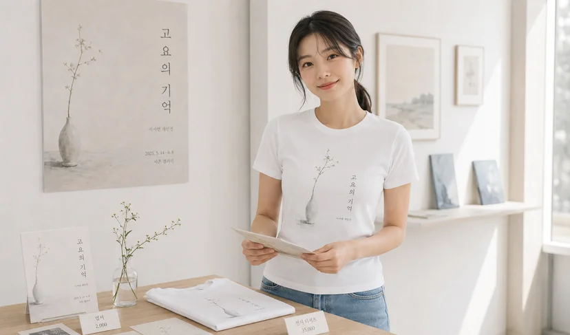 마플 길단 76000 여성 슬림 티셔츠 - 전시회 아트워크를 인쇄해 제작한 화이트 티셔츠를 전시 굿즈로 판매하는 이미지