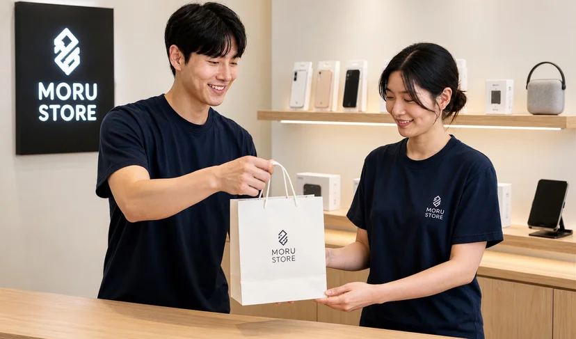 마플 30수 Value 라운드 티셔츠 매장 로고를 인쇄한 네이비 단체 티셔츠를 직원 2인이 매장에서 착용한 이미지