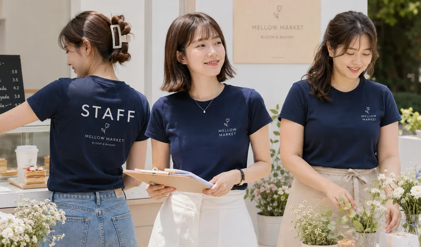 마플 길단 76000 여성 슬림 티셔츠 - 카페 브랜드 로고를 인쇄해 제작한 네이비 단체 티셔츠를 매장 직원 3인이 착용한 이미지