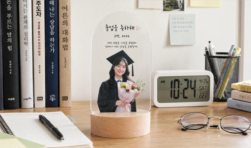 마플 아치형 아크릴 무드등 – 졸업 사진과 축하 문구를 풀컬러 인쇄해 제작한 무드등을 책상 위에 놓은 이미지