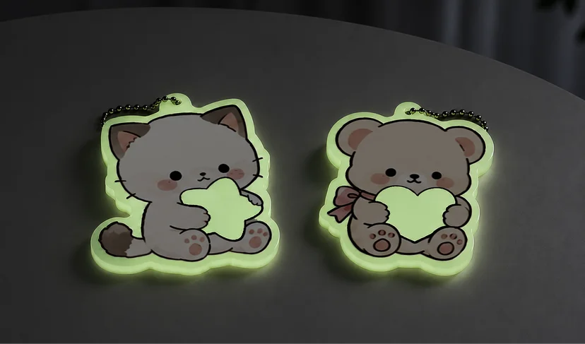 마플 야광 아크릴 키링 - 어두운 곳에서 고양이와 곰 캐릭터 외곽선과 손에 든 모양이 연둣빛으로 빛나는 키링