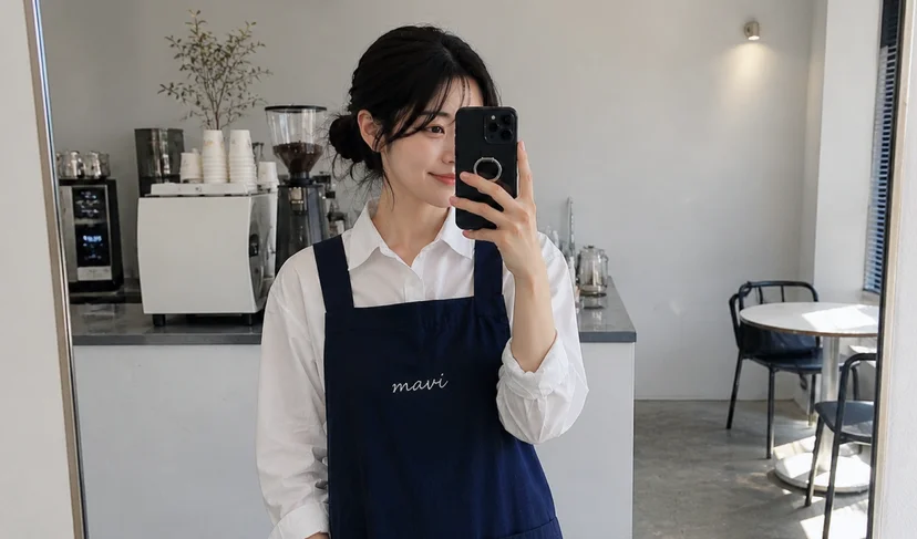 마플 AP 커스텀 앞치마 카페 브랜드 로고를 인쇄한 네이비 앞치마를 카페에서 착용하고 셀카를 찍는 이미지