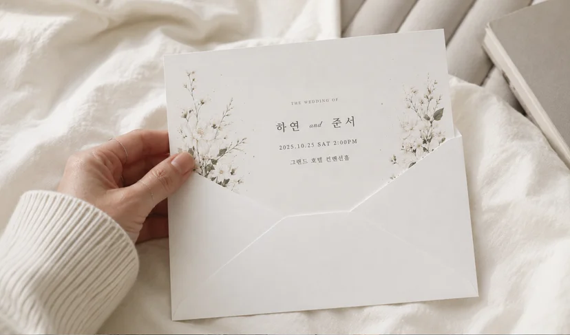 마플 엽서+봉투 세트 플라워 일러스트와 결혼 정보를 인쇄한 청첩장 엽서를 봉투에서 꺼내는 이미지