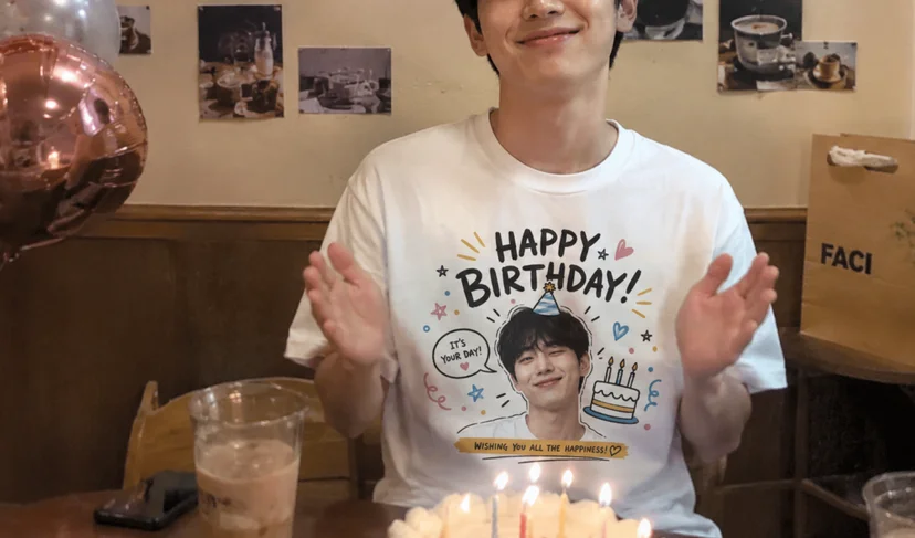 마플 길단 2000 오리지널 티셔츠 인물 사진과 생일 문구를 풀 컬러 인쇄한 화이트 티셔츠를 생일 파티에서 착용한 이미지