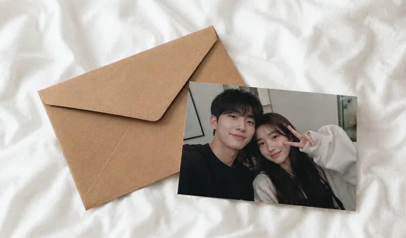 마플 엽서+봉투 세트 커플 사진을 풀 컬러 인쇄한 가로형 포토 엽서와 크라프트 봉투를 나란히 배치한 이미지