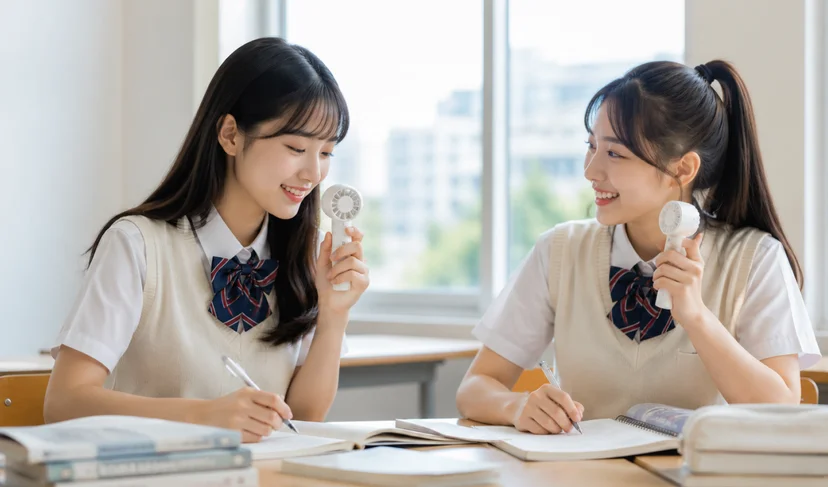 마플 휴대용 미니 선풍기 단체 제작 활용 예시, 교실에서 사용하는 학생 이미지