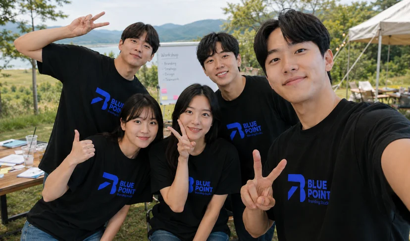 마플 길단 2000 오리지널 티셔츠 기업 로고를 인쇄한 블랙 단체 티셔츠를 워크숍에서 5인이 단체 착용한 이미지