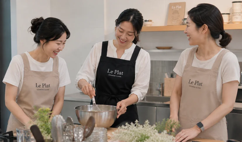마플 AP 커스텀 앞치마 쿠킹 클래스 로고를 인쇄한 베이지·블랙 앞치마를 수업 참가자 3인이 착용한 이미지