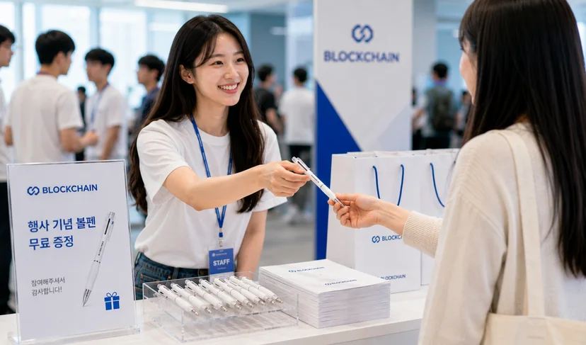 마플 커스텀 3색 볼펜 기업 로고를 인쇄한 화이트 볼펜을 컨퍼런스 행사 부스에서 참가자에게 나눠주는 활용 이미지