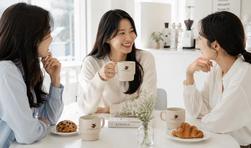 마플 레터링 스택 머그컵 브랜드 로고를 수전사 인쇄한 아이보리 머그컵을 카페에서 3인이 사용하는 활용 이미지