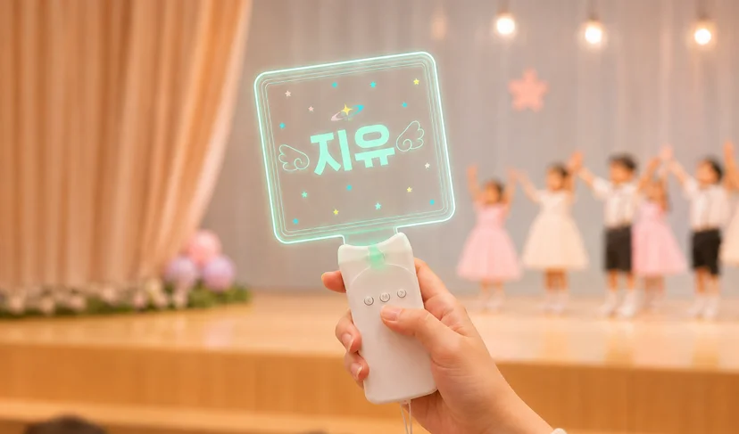 마플 사각 LED 응원봉 – 아이 이름과 일러스트를 UV 인쇄해 제작한 응원봉을 학예회 공연장에서 손으로 들고 있는 이미지