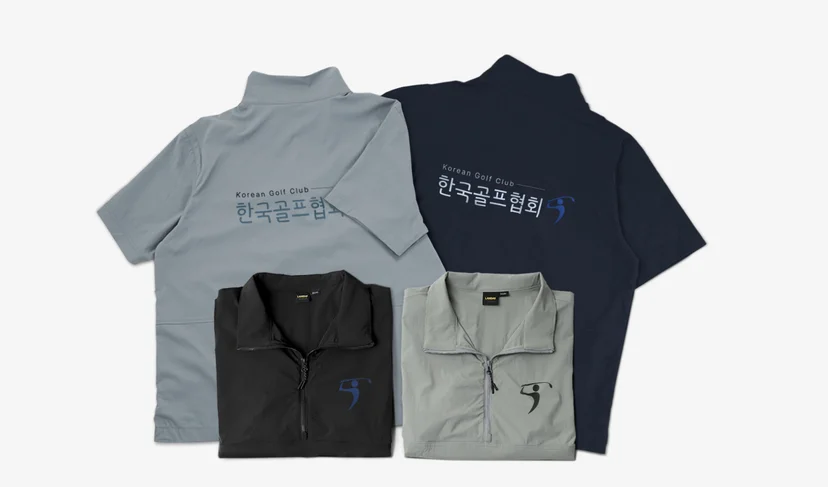 마플 랜더스 150 반소매 아노락 자켓 - 골프 클럽 로고를 인쇄해 제작한 그레이·네이비·블랙·카키 4종을 나란히 배치한 이미지