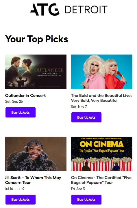 Top Picks 이메일 첫 번째 예시 — 개인 맞춤 8개 공연 추천 목록 · 이미지 출처: ATG Entertainment, Iterable
