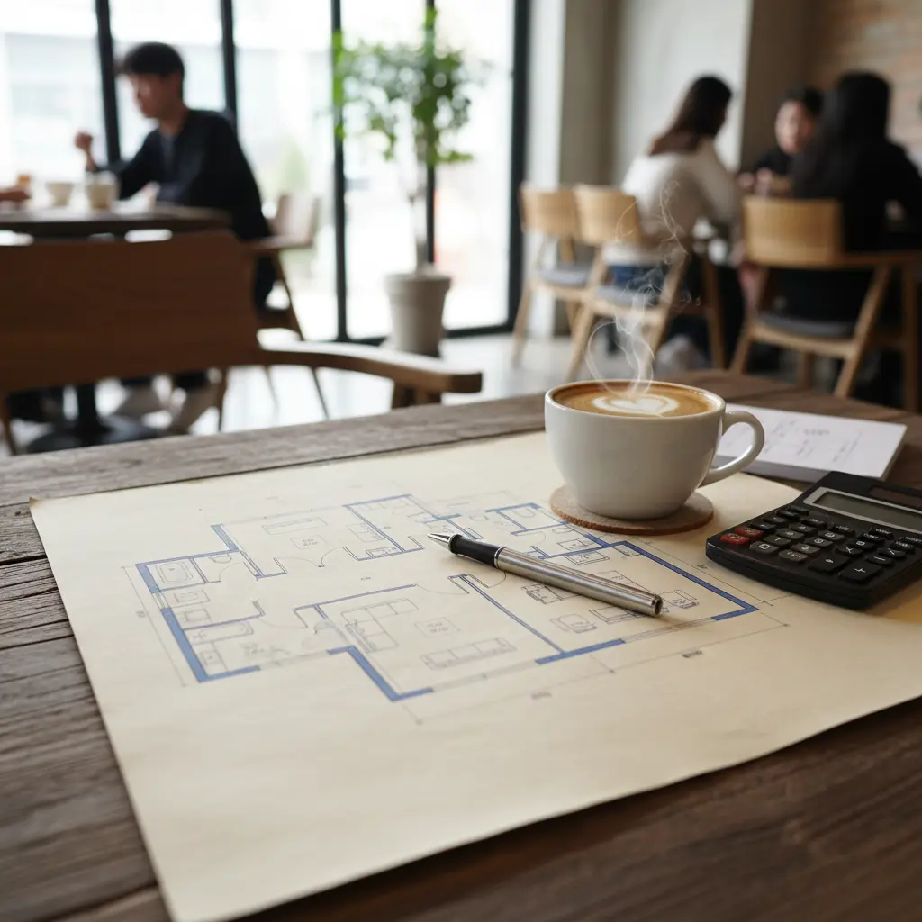 주방 도면과 계산기