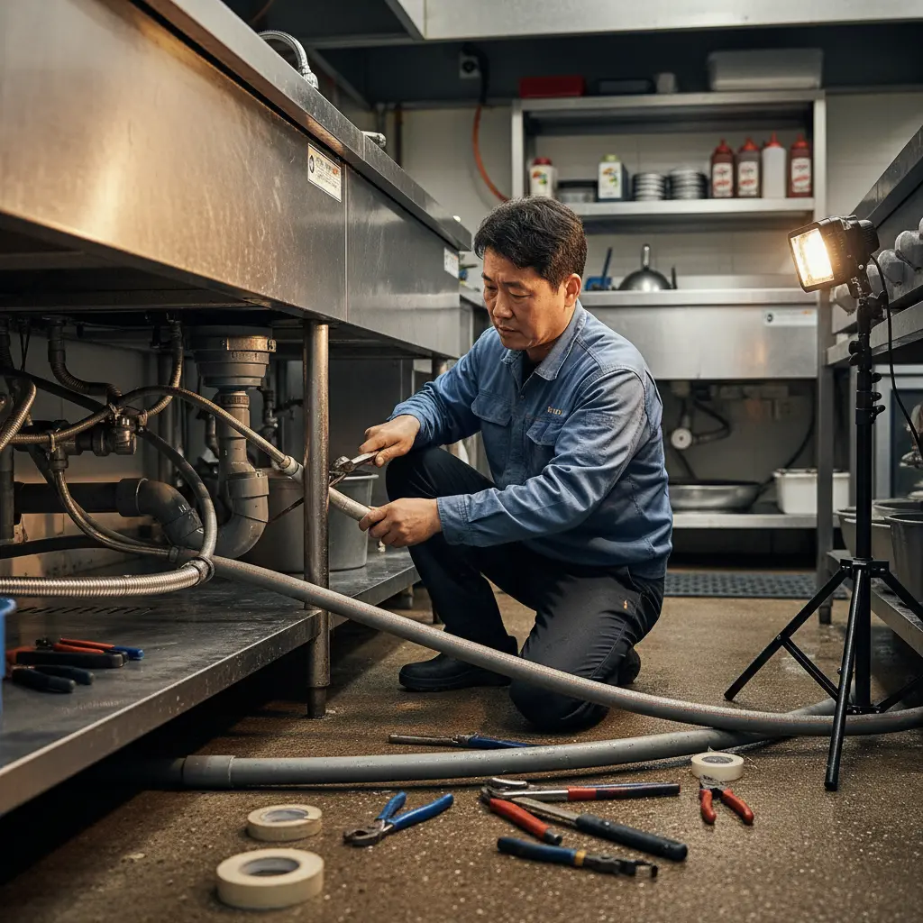 설비 연결 작업 중